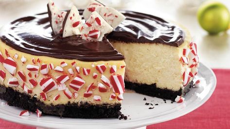 Double-Chocolate Peppermint Cheesecake Recipe - BettyCrocker.com Peppermint Recipes, Peppermint Cheesecake, Chocolate Wafer Cookies, Betty Crocker Recipes, Peppermint Sticks, Chocolate Wafers, Peppermint Bark, Christmas Dessert, Cookie Crumbs