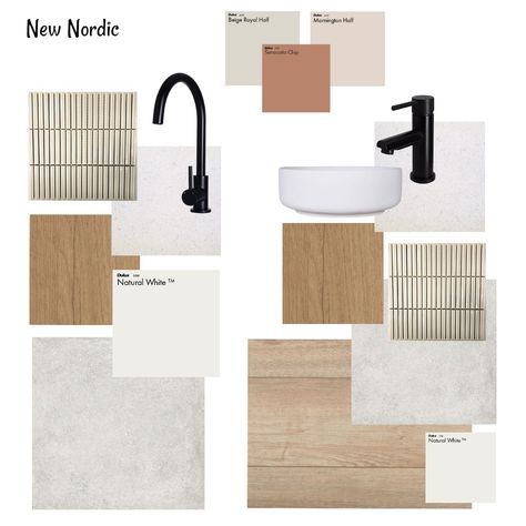 New Nordic Internal Colour Scheme Colour Scheme Bathroom, Laminex Planked Urban Oak, Bathroom Interior Mood Board, Kitchen Sample Board Interior Design, Bathroom Tiles Mood Board, Bathroom Nordic Style, Organic Modern Bathroom Mood Board, Scandanavian Interiors Bathrooms, Scandinavian Fireplace Nordic Design