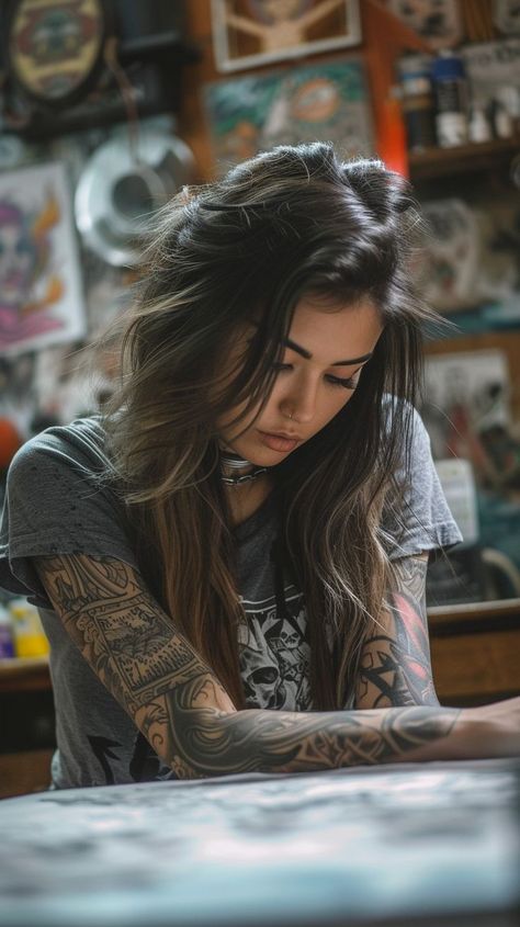 Tattooed young woman reading in creative space, full sleeve tattoos, unique decorations, hushed concentration Full Tattooed Women, Tattooed Professional Women, Tattooed Blonde Women, Woman Tattoo Aesthetic, Women Full Sleeve Tattoo, Tattooed Girl Aesthetic, Tattooed Woman Models, Fully Tattooed Women, Tattooed Woman Aesthetic