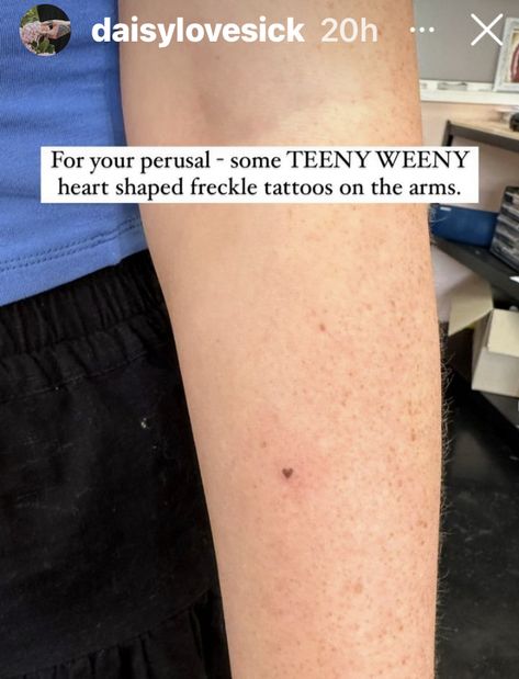 Small Heart Freckle Tattoo, Tiny Heart Freckle Tattoo, Heart Tattoo Freckle, Light Brown Tattoo Ink, Freckle Tattoo Ideas, Reiki And Langa, Heart Freckle Tattoo, Delicate Piercings, Mini Heart Tattoo