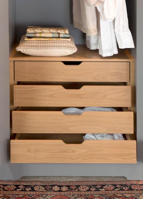 Chest Of Drawers In Wardrobe, Cupboard Drawers Ideas, Wardrobe With Drawers Below, Oak Wardrobe Bedroom, Drawers In Wardrobe, Wardrobe Drawer Design, Drawer Design Bedroom, Drawers In Closet, Oak Drawers