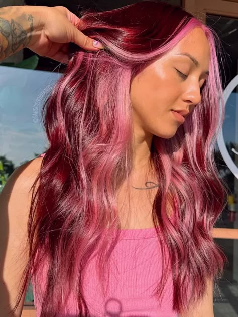 pink highlights on red hair Pink Hair With Lowlights, Red Hair Pink Highlights, Highlights On Red Hair, Red Hair With Pink Highlights, Red Hair Bob, Red And Pink Hair, Red Hair Inspo, Pink Highlights, Pretty Hair Color