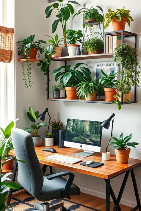 Discover 12 stylish and efficient small home office ideas with wooden desks and potted plants for a functional workspace. Tiny Therapy Office Space Ideas, Small Office With Plants, Corner Desk Nook, Plants In Office Space, Therapy Office Aesthetic, Small Desk Setup Ideas, Office Cubicle Ideas, Wfh Office Ideas, Cute Home Office Ideas