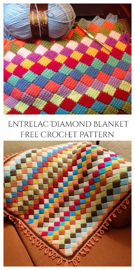 Tunisian Crochet Entrelac Diamond Blanket Free Crochet Pattern - Video Enterlac Crochet, Crochet Entrelac, Tunisian Crochet Free, Entrelac Crochet, Entrelac Knitting, Tunisian Crochet Blanket, C2c Crochet Pattern Free, Crochet Baby Blanket Free Pattern, Tunisian Crochet Patterns