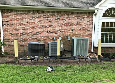 Build a Removable Trellis Screen to Hide Your Air Conditioners Fence To Hide Air Conditioner, Ways To Hide Ac Unit Outside, Hiding Heat Pump Outside, Landscape Around Air Conditioner Unit, How To Hide Air Conditioner Unit Outside, Hide Heat Pump, Hide Ac Unit Outside, Hide Air Conditioner Unit Outdoor, Patio Set Diy