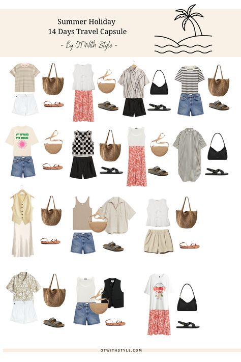 Humid Vacation Outfits, Packing Summer Vacation, Boho Beach Vacation Outfits, Rome Packing List Summer, Capsule Summer Wardrobe Travel Packing, 5 4 3 2 1 Packing Summer, Summer Vacation Wardrobe, Travel Capsule Wardrobe Thailand, Italy Vacation Outfits Summer Europe Packing