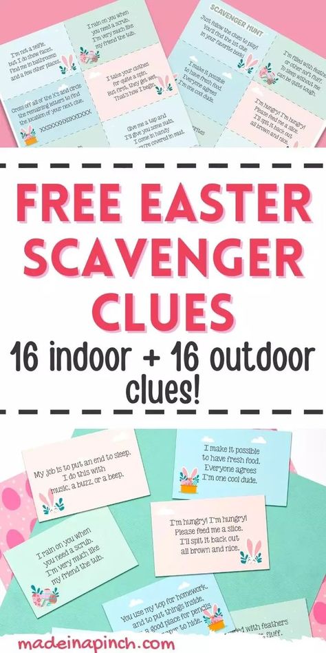 These free printable Easter scavenger hunt cards include 16 unique Easter scavenger hunt clues to create an EPIC hunt that your kids will talk about for years to come! Just print out the Easter scavenger hunt riddles and hide them around the house. Let the hunt begin! When my kids were really little, we did simple Easter egg hunts – you know, the open-ended free-for-all that many people do. | @made_in_a_pinch Easter Egg Scavenger Hunt Clues, Outdoor Scavenger Hunt Clues, Scavenger Hunt Clues For Kids, Easter Basket Hunt, Easter Scavenger Hunt Clues, Adult Easter Egg Hunt, Egg Hunt Clues, Easter Egg Scavenger Hunt, Easter Egg Hunt Clues