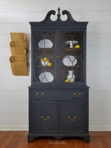 Duncan Phyfe China Cabinet in Slate Grey with Mahogany Interior Black China Cabinet, Secretary Desk Makeover, Navy Blue Furniture, Mahogany Interior, Grey Chalk Paint, Hollywood Glam Furniture, Graphite Paint, Painted China Cabinets, Stenciled Table