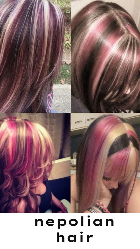 Cute Hair Color Ideas For Blondes, Pink Blonde Highlights In Brown Hair, Pink Blond And Brown Hair, Blonde Hair With Pink And Black Streaks, Blonde Pink Brown Hair, Brown And Blonde Hair Dye Ideas, Colored Hair Ideas For Blondes, Blonde Brown And Pink Hair, Skunk Stripes On Curly Hair