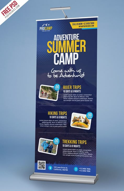 Free Adventure Summer Camp Roll-Up Banner PSD Template is perfect for promoting for tour operators and travel agents specialist in day tours, tour packages, vacations, hiking and camping, city tours, mountain cycling, cruise packages etc. Travel Standee Design, Professional Banner Design, Standee Banner Design, Backdrop Design Banner, Stand Banner Design, Roll Banner Design, Camp Banner, Pull Up Banner Design, Rollup Design