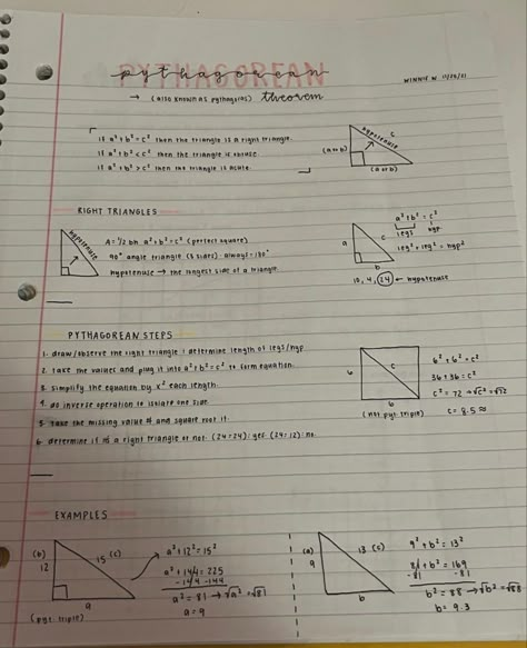 Pythagorean Theorem Notes Aesthetic, Maths Pythagoras Theorem, Geometry Study Notes, Geometry Math Notes, Geometry Notes High School, Pythagorean Theorem Notes, Notes To Copy, Geometry Aesthetic, Algebra Notes