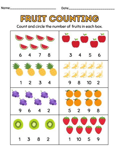 Summer Review- printable preschool worksheets for homeschool, summer camp, classroom learning|Digital Download- Counting review and practice by CCPrintDesign on Etsy Counting 1-10 Worksheets, Tk Worksheets, Work For Preschoolers, Fruit Worksheet, Maths Preschool, Kindergarten Math Worksheets Counting, Preschool Worksheets Free, Preschool Worksheets Free Printables, Counting Worksheets For Kindergarten