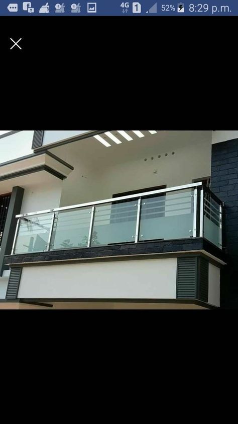 Balcony Railing Design Glass And Steel, Balcony Glass Design Exterior, Glass Relling Design Stairs, Front Grill Design Balcony, Balcony Glass Grill Design, Ralling Glass Designs Balcony, Glass Steel Realing, Elevation Glass Railing, Ss Railing Design Balcony