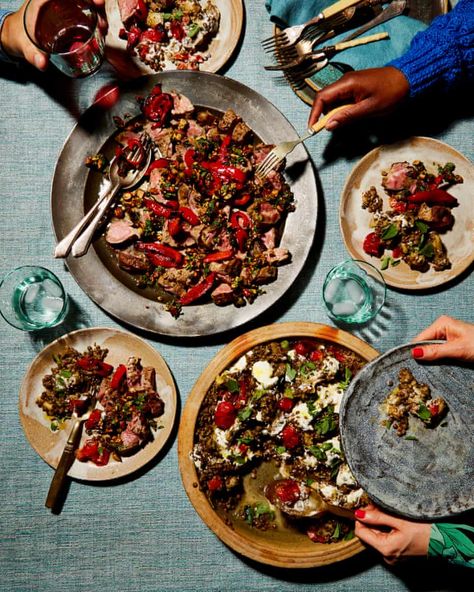 A cunning plan: Yotam Ottolenghi’s main course recipes for a Christmas party | Food | The Guardian Lamb Fillet, Party Main Course, Dinner Party Main Course, Aubergine Recipes, Dinner Party Mains, Wedding Canapes, Lunch Pizza, Roasted Aubergine, Lamb Pasta