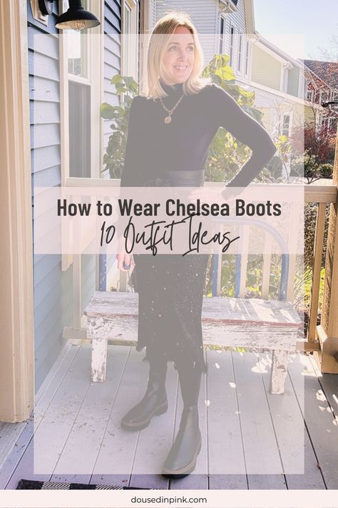 Discover the ultimate guide on how to wear Chelsea boots this fall! Ten outfit ideas to recreate so that you can embrace the season in style. Dresses And Chelsea Boots, Chelsea Boots Business Casual Women, Chelsea Boots And Skirts, Sweater Dress Chelsea Boots, Chelsea Boots Outfit Dressy, Chelsea Boots With Skirt Outfit, Shiny Black Boots Outfit, Dresses With Chelsea Boots, Chelsea Boot With Dress