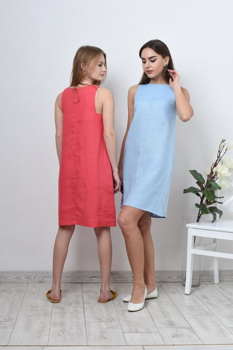 Linen dress in 20 colors/ Linen shift dress/ Linen summer | Etsy Simple A Line Dress Pattern, Outfit Description, Simple White Dress, Blue Linen Dress, Look Boho Chic, Shift Dress Casual, Simple Summer Dresses, Sleeveless Linen Dress, Linen Shift Dress