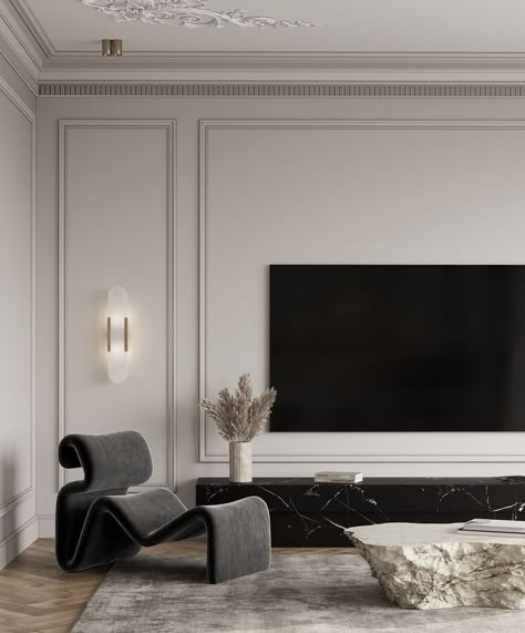 Tv Wall Neoclassic, Wall Molding Design Modern, Clean Living Room Design, Neoclassical Tv Wall Design, Neo Classic Tv Wall Design, Tv Wall Decor Luxury, American Classic Living Room, Classic Contemporary Interior Design, New Classic Interior