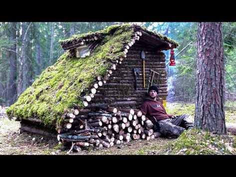 (167) Building a log hut to survive in a wild forest. Bushcraft camping in the wild - YouTube Survival Shelters Bushcraft, Bushcraft Shelter Long Term, Bushcraft Cabin, Shelter In The Woods, Shelters In The Woods, Wilderness Survival Shelter, Forest Hut, Primitive Camping, Bushcraft Shelter