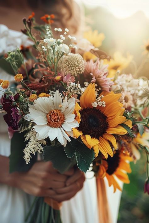 Bring peace and serenity to your wedding ceremony with sunflower bouquets. These 28 serene arrangements reflect tranquility and harmony. Sunflower In Wedding Bouquet, September Sunflower Wedding, Best Fall Wedding Flowers, Sunflower Wedding Ceremony, Fall Flowers With Sunflowers, Simple Sunflower Bouquet Wedding, Fall Wedding Ideas Sunflowers, Boho Wedding Colorful, Simple Fall Wedding Bouquets Rustic