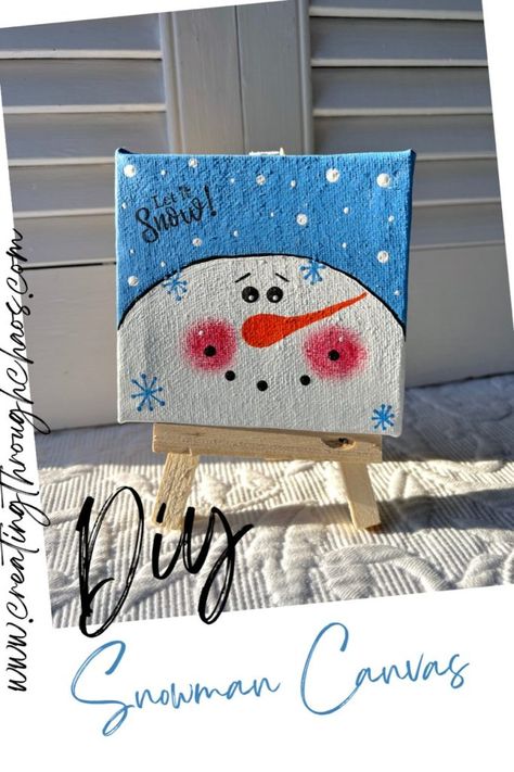 DIY Dollar Tree Snowman Canvas - Creating Through Chaos Easy Snowman Painting On Canvas, Diy Snowman Painting, How To Paint A Snowman, 4x4 Snowman, Kindergarten Christmas Art, Snowmen Paintings On Canvas, Mini Canvas Paintings Easy, Hand Print Snowman, Winter Canvas Painting