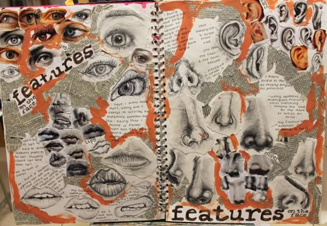 Gcse Art Sketchbook Development, Gcse Art Sketchbook Identity, Facial Features Art Gcse, Initial Ideas Art Gcse, A Level Art Sketchbook Inspiration, Alevel Sketchbook Art, Art Gcse Moodboard, Art Portfolio Cover Ideas, Mindmap Art