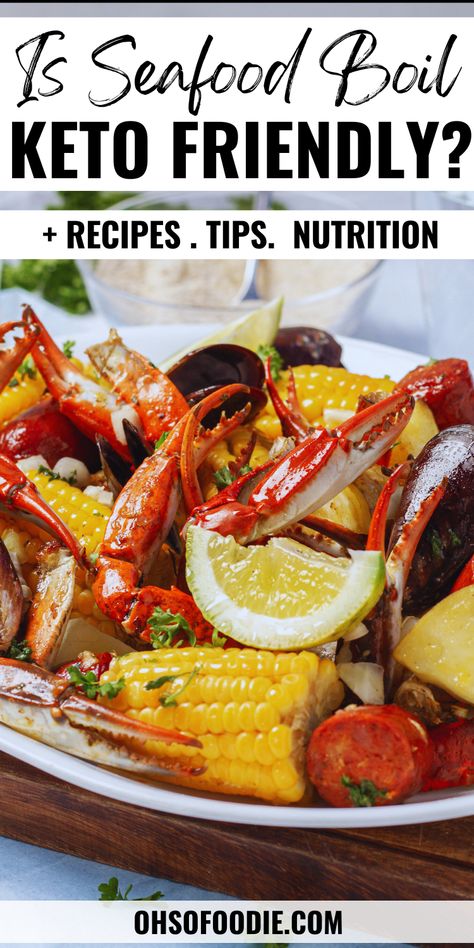 Text reads Is Seafood Boil Keto Friendly Keto Shrimp Boil, Low Carb Seafood Boil, Keto Crab Boil, Healthy Seafood Boil Recipes, Low Carb Shrimp Boil, Keto Seafood Boil, Healthy Seafood Boil, Keto For Beginners Recipes, Crab Boil Recipe