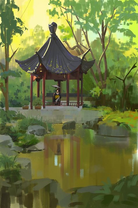 349/365 Japanese garden by snatti89.deviantart.com on @DeviantArt Environment Painting, Landscape Concept, Japanese Landscape, Art Japonais, Art Et Illustration, Digital Painting Tutorials, Comics Art, Fantasy Art Landscapes, Landscape Illustration