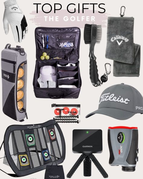 Gifts for the enthusiast include golf towel, Garmin Approach R10, Portable Golf Launch Monitor, ATTA GOLF Telos Premium Tees, Callaway Laser Rangefinders, Titleist Men's Tour Performance Hat, Freedom Pursuits Cooler Bag Plus 2 Ice Packs, Callaway Weather Spann Premium Synthetic, Athletico Trunk Organizer Storage, Golf Club Brushes and Groove Cleaner Gold gifts, gifts for golfer, gifts for him, gifts for her, gift guide, sports gifts #LTKunder100 #LTKmens #LTKGiftGuide Gifts For The Golf Lover, Golf Bags Mens, Golf Bag Essentials, Gift Ideas For Golfers, Gift For Golfers Men, Golfing Gifts For Men, Golf Presents For Men, Golf Gift Ideas For Men, Golfer Gifts Men