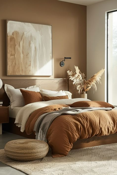 Explore 50+ earthy modern bedroom designs to create a relaxing oasis in your home. With warm hues and cozy textures, these ideas will inspire a tranquil space filled with earthy color schemes and serene vibes. Earthy Colours Bedroom, Earthy Minimalist Decor, Earth Bedroom Ideas, Bedroom Brown Walls, Cozy Brown Bedroom, Bedroom Ideas Brown, Charlotte Apartment, Desert Bedroom, Brown Bedroom Ideas