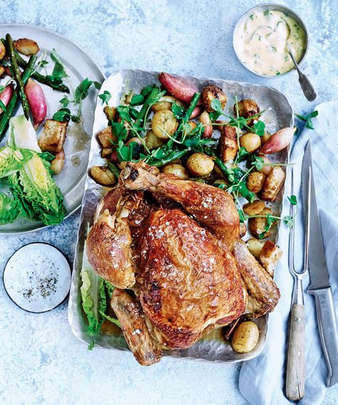 This wonderful whole roast chicken with crispy skin-on potatoes, asparagus, radishes and herby hollandaise is the stuff of dreamy, laid-back summer Sundays. Summer Roast, Butter Roasted Chicken, Hollandaise Recipe, Whole Roast Chicken, Potatoes Asparagus, Butter Glaze, Night Recipes, Date Night Recipes, Chicken Ideas