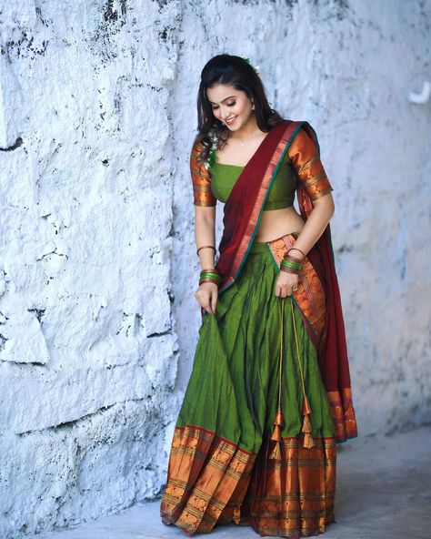 Dipika Pilli, Half Saree Poses, South Indian Half Saree, Indian Half Saree, Deepika Pilli, Lehenga Type, South Indian Style, Silk Lehenga Choli, Half Saree Lehenga