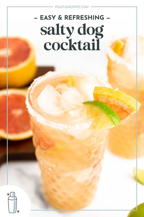 Mix up a Salty Dog drink, a classic cocktail made with grapefruit juice plus vodka or gin. And it gets a salt rim to balance the tart citrus. Salty Dog Drink, Greyhound Drink, Grapefruit Dessert, Greyhound Cocktail, Summer Entertaining Recipes, Grapefruit Cocktail, Popcorn Shrimp, Baking Tips And Tricks, Grapefruit Soda