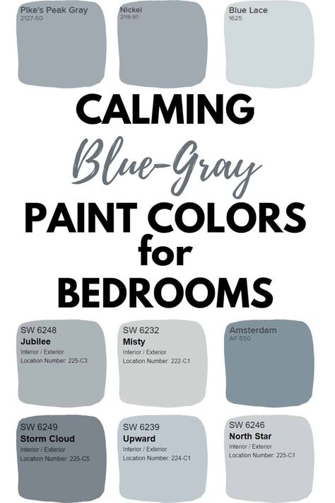 Blue gray paint colors are the perfect paint color option for bedrooms. Blue gray paint colors promote calmness and relaxation. #gray #blue #paintcolors #interiordesign #bedroom Bedroom Paint Colors Grey, Benjamin Moore Bedroom, Beautiful Bedroom Inspiration, Storage Hacks Bedroom, Bedroom Inspirations Master, Blue Gray Paint Colors, Gray Paint Colors, Transitional Decor Bedroom, Blue Gray Paint