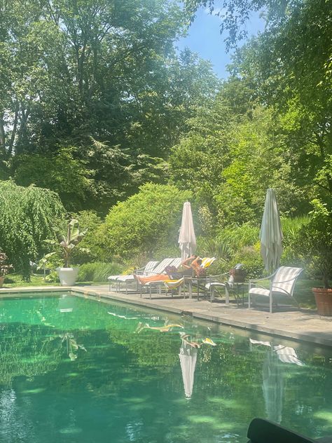 Pool, summer, summer aesthetic, summer 2023, pool day Cottage Backyard With Pool, Natural Pool Aesthetic, Cottage Swimming Pool, Cottagecore Pool, Vintage Pool Aesthetic, Pool Side Aesthetic, Pool Day Aesthetic, Summer Pool Aesthetic, Pool Party Aesthetic