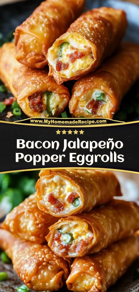 These Bacon Jalapeño Popper Eggrolls are crispy, cheesy, and packed with smoky bacon and spicy jalapeños. Ingredients: 4 egg roll wrappers 1/2 cup cream cheese 1/4 cup diced jalapeños 2 slices cooked bacon, crumbled A spicy, savory appetizer perfect for parties Jalapeno Egg Rolls, Jalapeno Rolls, Small Bites Party, Cream Cheese Jalapeno Poppers, Bacon Jalapeno Poppers, Wonton Recipes, Stuffed Jalapenos With Bacon, Egg Roll Wrappers, Egg Roll Recipes