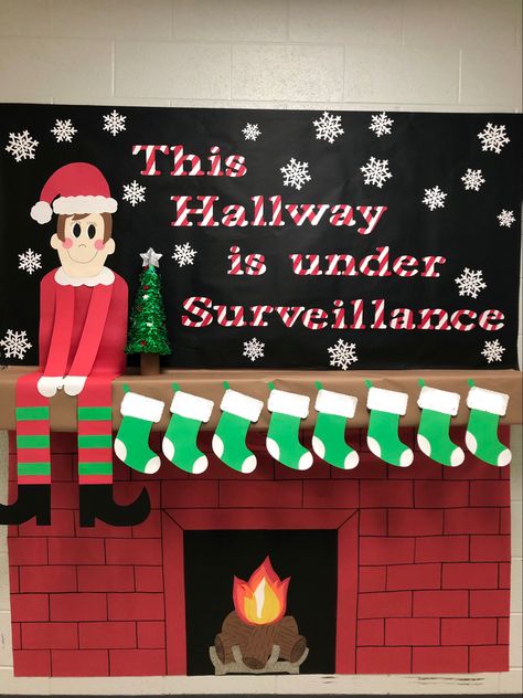 3d Christmas Bulletin Board Ideas, Christmas Stocking Bulletin Board Ideas, Elves Bulletin Board Ideas, Elf Surveillance Bulletin Board, Christmas Board Decoration Ideas For School Aesthetic, Santa’s Workshop Bulletin Board, Elf On The Shelf Bulletin Board, Elf On The Shelf Bulletin Board Ideas, Stocking Bulletin Board