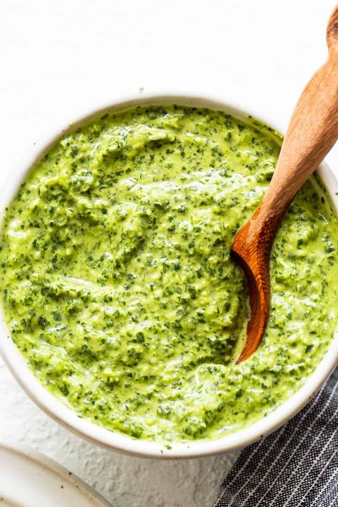 Mediterranean Green Sauce, Green Steak Sauce, Vegetable Based Sauces, Creamy Parsley Sauce, Green Herb Sauce, Parsley Sauce For Steak, Green Dipping Sauce, Make Ahead Sauces, Creamy Herb Sauce