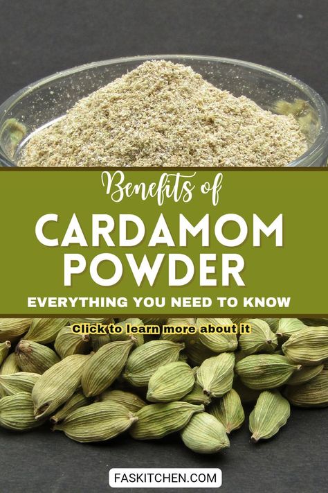 A small glass jar filled with golden-brown cardamom powder sits on a wooden kitchen counter. The jar is open, revealing the finely ground spice inside. Nearby, a few whole cardamom pods are scattered, showcasing the source of the powder. The warm, rich color of the powder contrasts with the natural green of the cardamom pods, highlighting its fresh and aromatic quality. Cardamom Pods How To Use, Recipes Using Ground Cardamom, Cardamom Recipes Savory, Recipes With Cardamom, Benefits Of Cardamom, Cardamom Benefits, Cardamom Recipes, Cardamom Plant, Cardamom Recipe