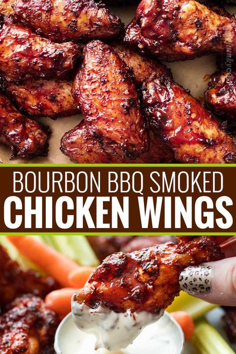 Bourbon BBQ Smoked Chicken Wings (Grill-ready too!) - The Chunky Chef Bbq Smoked Chicken, Chicken Sauces, Best Grilled Chicken Marinade, Leftover Chicken Recipes Easy, Baby Ray, Smoked Wings, Smoked Chicken Wings, Grilled Wings, Grilled Chicken Wings