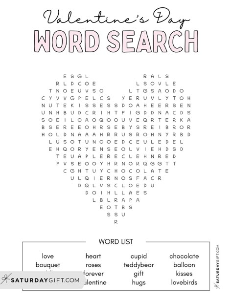 Valentine's Day word search printable heart shaped puzzle. Cute & free printables by SaturdayGift. Fun Valentine's Day puzzles for kids and any puzzle lovers. Valentines Crossword Puzzle, Valentines Day Word Search, Love Word Search, Valentine Word Search, Valentines Word Search, Word Puzzles For Kids, Valentines Puzzles, Free Printable Puzzles, Valentines Theme