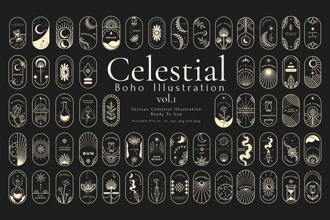 Boho Celestial Illustration Vol.1, Objects ft. art & magic - Envato Elements Celestial Illustration, Vintage Concept, Menu Design Inspiration, Boho Celestial, Bohemian Elements, Boho Tattoos, Zodiac Cards, Art Magic, Modern Serif Fonts