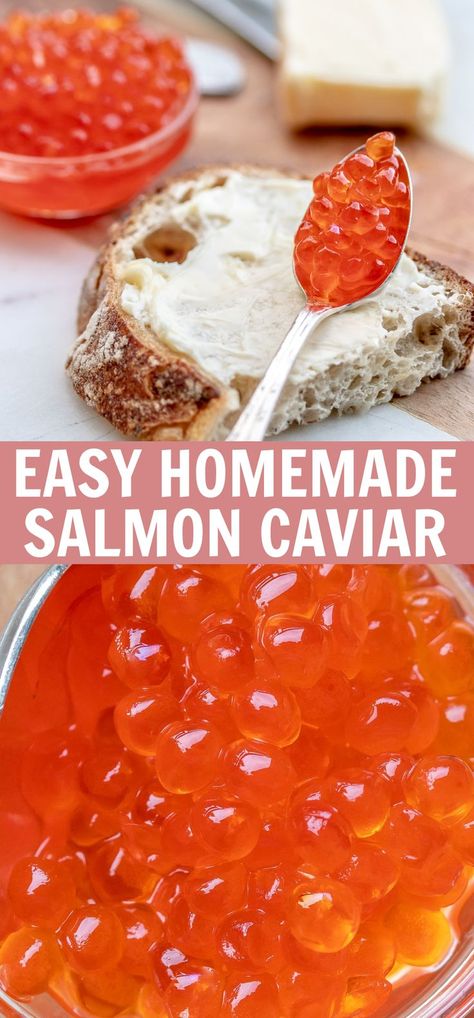 Salmon Egg Recipes, Salmon Eggs Recipe, Salmon Caviar Appetizers, Salmon Roe Caviar, Salmon Caviar Recipes, How To Make Caviar, Salmon Roe Appetizer, Fish Roe Recipe, Fish Eggs Recipe