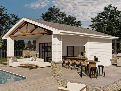 Backyard Pool House, 050P-0019 Modern Pool House Design, Pool House With Outdoor Kitchen, Covered Patio Plans, Large Covered Patio, Pool House Design, Modern Pool House, Living Pool, Couches Living, Patio Plans