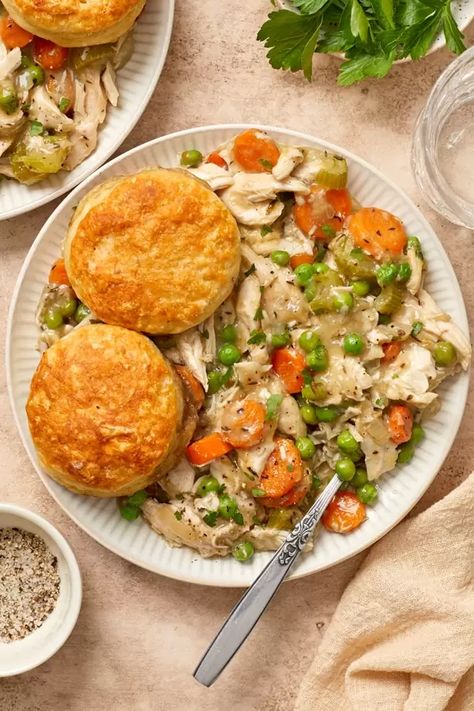 Dairy Free Chicken Pot Pie Casserole - Cook Nourish Bliss Casseroles Dairy Free, Chicken Pot Pie Recipe Dairy Free, Dairy Free Chicken Pot Pie, Alpha Gal Recipes, Paleo Chicken Pot Pie, Dairy Free Dinner Recipes, Dairy Free Biscuits, Crockpot Chicken Pot Pie, Healthy Chicken Pot Pie