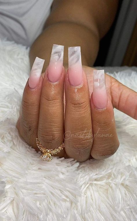 Milky White Marble Nails Acrylic, Long Tapered Square Nails French Tip, Long Acrylic Nails Square Ideas Pretty, Square Acrylic Nails Medium Length, Ombré Square Nails, Classic Acrylic Nails, Fashion Acrylic Nails, Ombre French Tip Nails, Acrylic Nails Medium Length