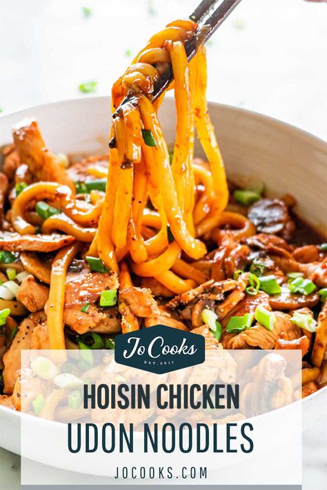 Chicken Udon Noodles, Udon Noodle Recipe, Chicken Udon, Udon Noodles Recipe, Udon Recipe, Noodles With Chicken, Hoisin Chicken, Chicken And Mushrooms, Jo Cooks