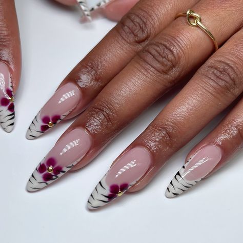 Summer transition to fall 🌺🦓 #fyp #gelextensions #summernails #nailinspo #nails #bluenails #3dnails #3dflowernails #3dgel #gelnails #almondnails #seashellnails #nailart #nails #nailsofinstagram #nailstagram #floridanails #chromenails #frenchnails #shortnails #purplenails #shortnails #matchingnails #orangetoes #orangenails #summernails #almondnails #mediumnails #beachnails #vacationnails #funnails Orchid Nails Almond, Zebra French Tip Nails Almond, Almond Blooming Gel Nails, Blooming Gel Almond Nails, Summer Blooming Gel Nails, Blooming Gel Flower Nails, Blooming Flower Nails, Blooming Gel Flowers, Blooming Gel Nail Art Ideas