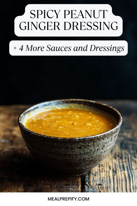 A bowl of spicy peanut ginger dressing, with a rustic look, ready to be drizzled over salads or bowls. Make Ahead Dressing, Peanut Ginger Dressing, Ginger Dressing Recipe, Ginger Peanut Sauce, Peanut Sauce Recipe, Ginger Dressing, Spicy Peanuts, Sauces And Dressings, Dressing Recipes