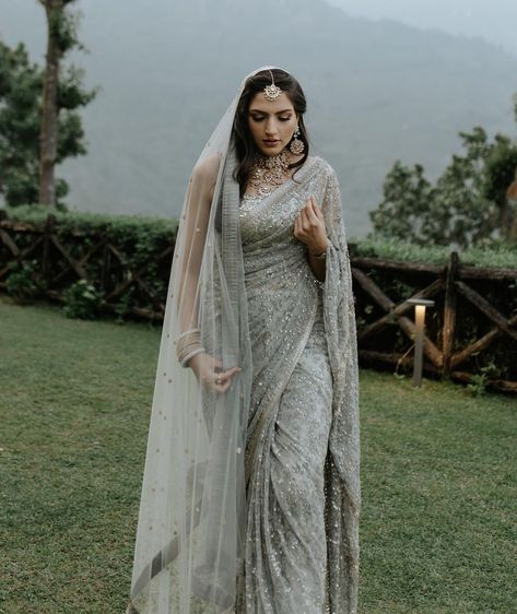 Take a deep breath, because Pari's engagement look will steal yours away! From the breathtaking saree to the enchanting veil and dazzling… | Instagram Engagement Saree Look, Reception Saree Look, Bridal Lehenga Wedding, Engagement Looks, Engagement Saree, Engagement Look, Reception Saree, Indian Bride Outfits, Lehenga Wedding