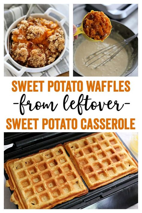 Use your favorite leftover sweet potato casserole or candied sweet potatoes to make these Sweet Potato Waffles.  A fall twist on a breakfast classic and a delicious way to use up holiday leftovers! #AD #delonghi #livenza #livewell Sweet Potato Leftover Ideas, Leftover Sweet Potato Casserole, What To Do With Leftover Sweet Potato Casserole, What To Do With Leftover Sweet Potatoes, Leftover Yams Recipes, Leftover Sweet Potato Casserole Recipes, Sweet Potato Leftover Recipes, Leftover Mashed Sweet Potatoes, Leftover Sweet Potatoes